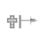 Front and side profile view of a pave-set round diamond stud earring set in white gold, featuring a mini cross design and push-back post.