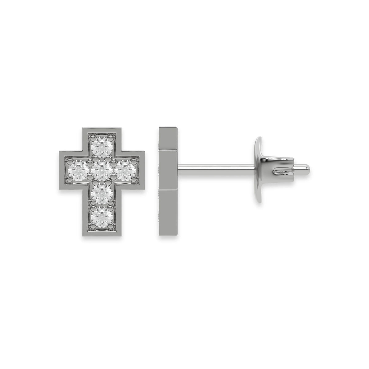 Front and side profile view of a pave-set round diamond stud earring set in white gold, featuring a mini cross design and push-back post.