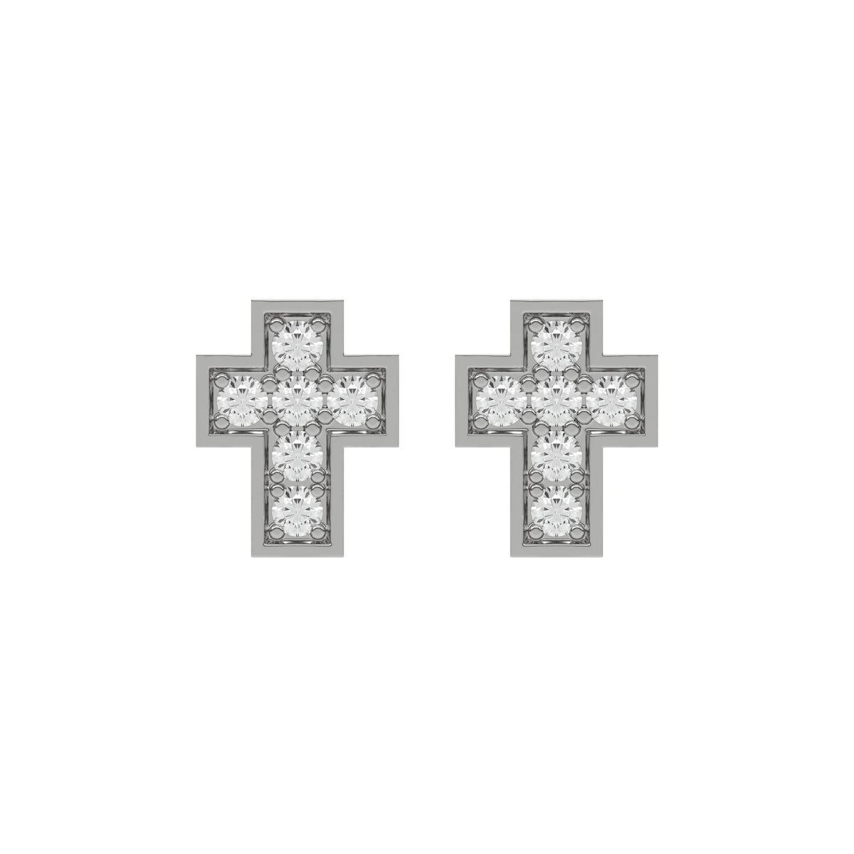 18k White gold round cut diamond cross stud earrings set in pave setting.
