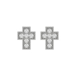 18k White gold round cut diamond cross stud earrings set in pave setting.