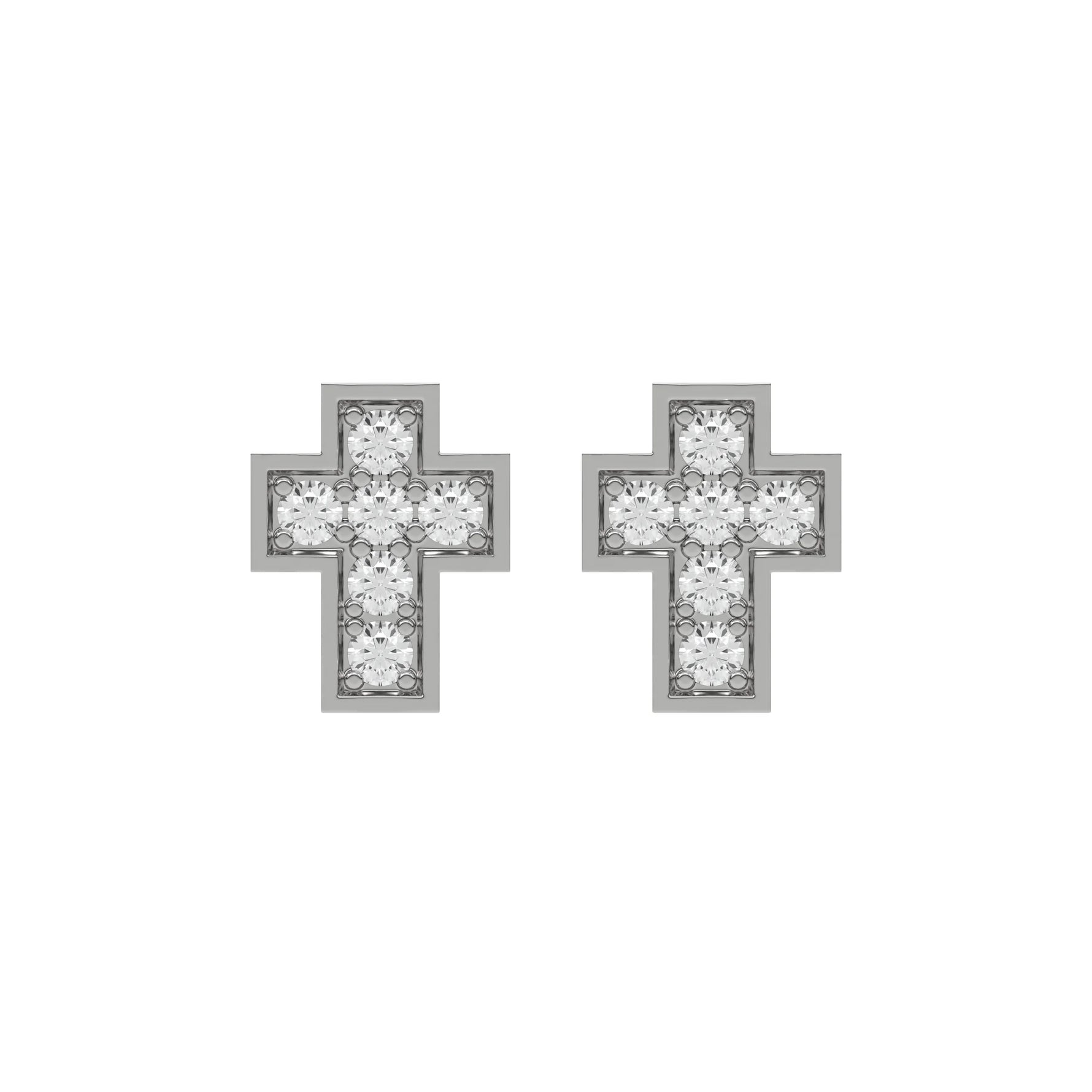 18k White gold round cut diamond cross stud earrings set in pave setting.