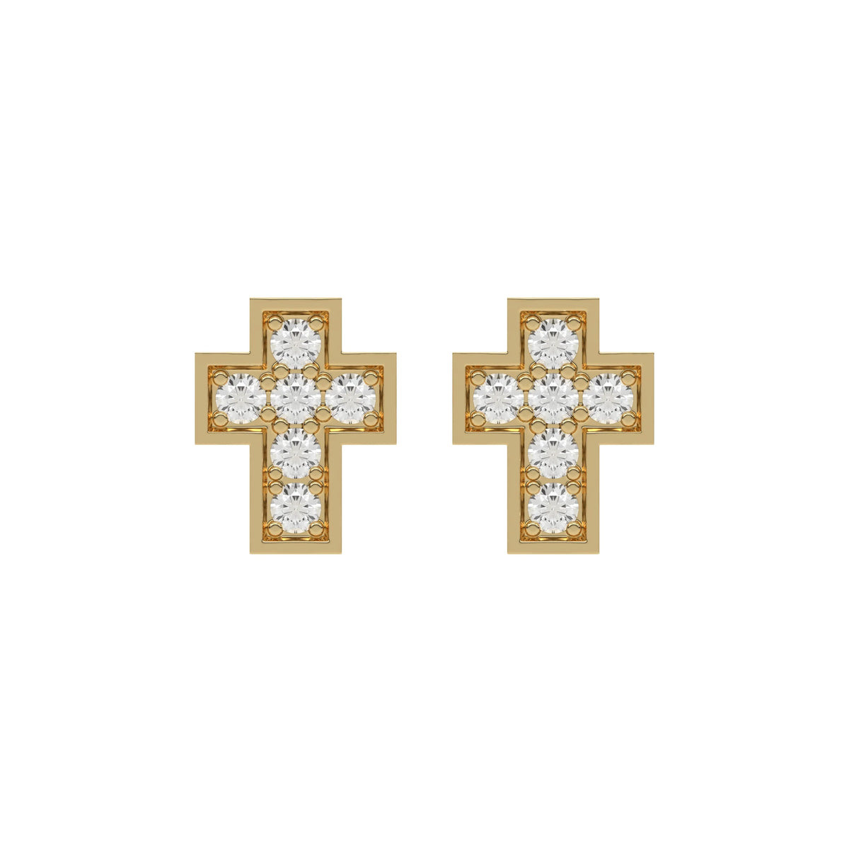 18k Yellow gold round cut diamond cross stud earrings set in pave setting.