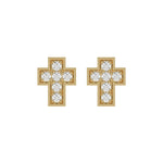 18k Yellow gold round cut diamond cross stud earrings set in pave setting.