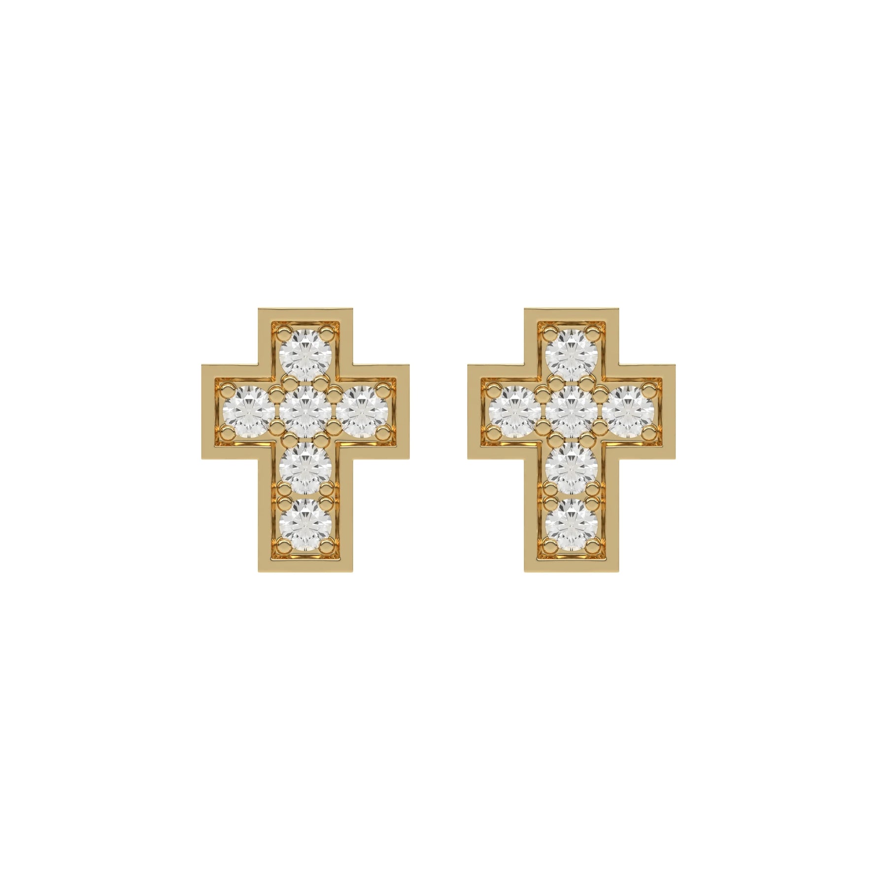 18k Yellow gold round cut diamond cross stud earrings set in pave setting.