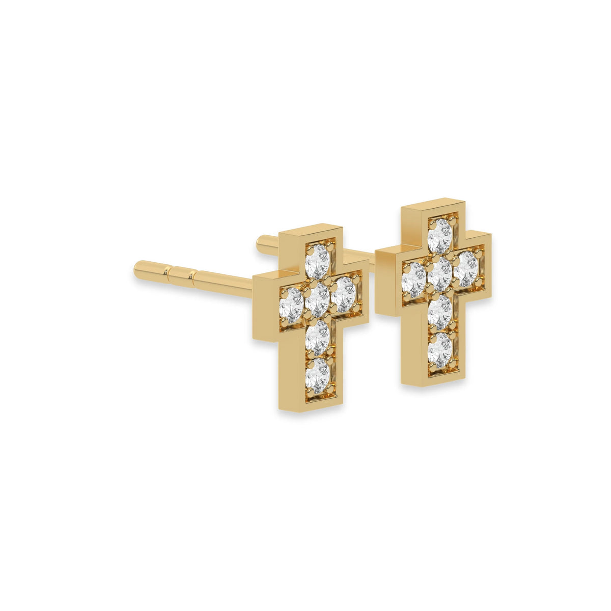 This yellow gold Mini Cross Diamond Studs made with small round brilliant-cut diamonds and set closely together in micro pave setting in side view