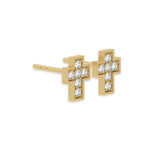 This yellow gold Mini Cross Diamond Studs made with small round brilliant-cut diamonds and set closely together in micro pave setting in side view