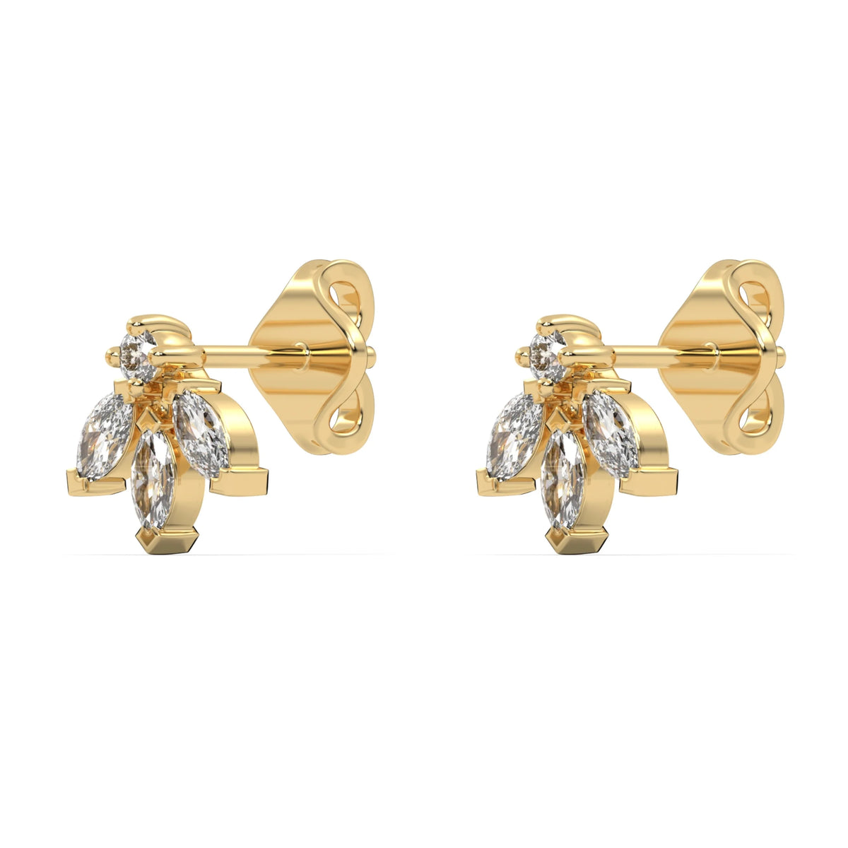 This yellow gold stud have a unique shape, with one round diamond and three marquise diamonds each. The round diamond and marquise diamonds are secured using prong settings, and the marquise diamonds are uniquely set in a V-prong setting in side view