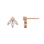 This rose gold stud have a unique shape, with one round diamond and three marquise diamonds each. The round diamond and marquise diamonds are secured using prong settings, and the marquise diamonds are uniquely set in a V-prong setting in top view and side view