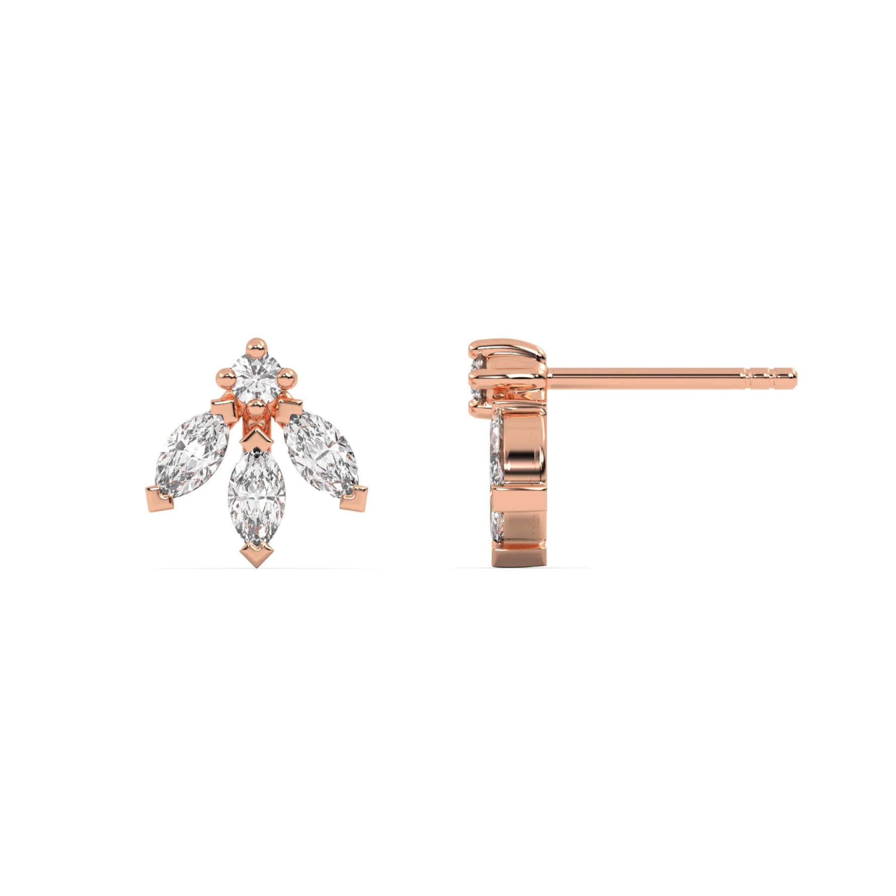 This rose gold stud have a unique shape, with one round diamond and three marquise diamonds each. The round diamond and marquise diamonds are secured using prong settings, and the marquise diamonds are uniquely set in a V-prong setting in top view and side view