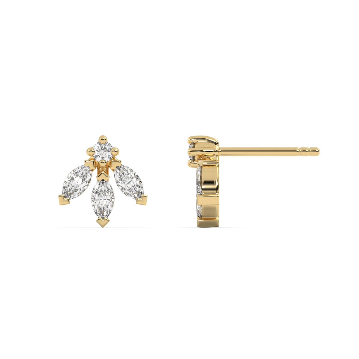 This yellow gold stud have a unique shape, with one round diamond and three marquise diamonds each. The round diamond and marquise diamonds are secured using prong settings, and the marquise diamonds are uniquely set in a V-prong setting in top view and side view