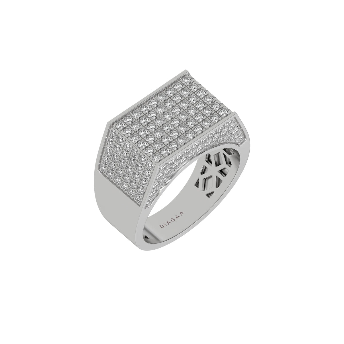 This white gold multi-row diamond ring featuring multiple rows of round brilliant-cut diamonds expertly set in a secure four-prong setting in 3d view