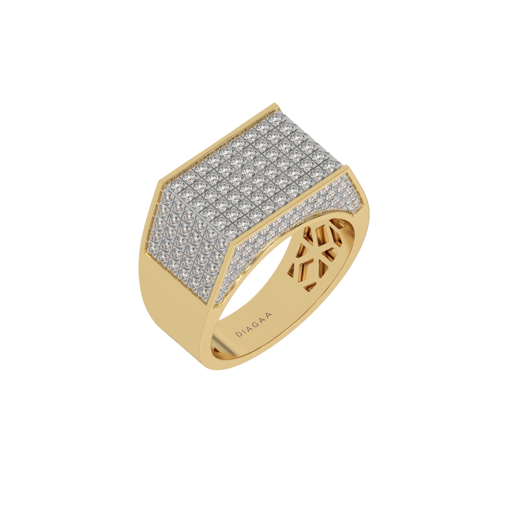 This yellow gold multi-row diamond ring featuring multiple rows of round brilliant-cut diamonds expertly set in a secure four-prong setting in 3d view