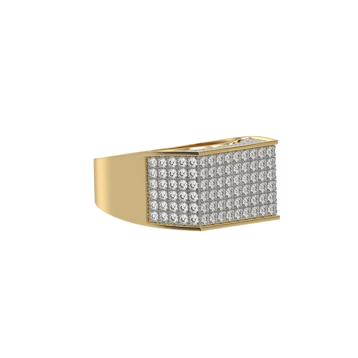 This yellow gold multi-row diamond ring featuring multiple rows of round brilliant-cut diamonds expertly set in a secure four-prong setting in side view