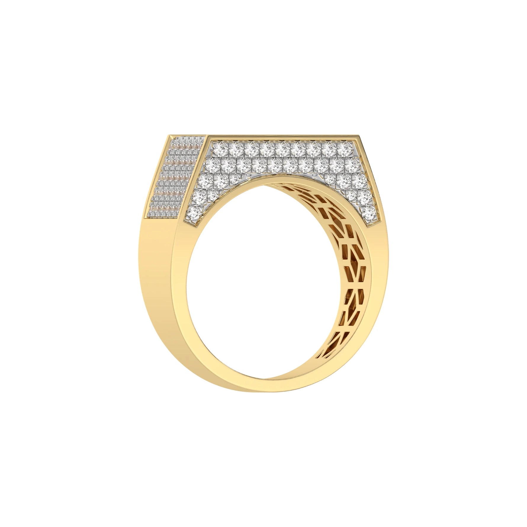 This yellow gold multi-row diamond ring featuring multiple rows of round brilliant-cut diamonds expertly set in a secure four-prong setting in through finger view