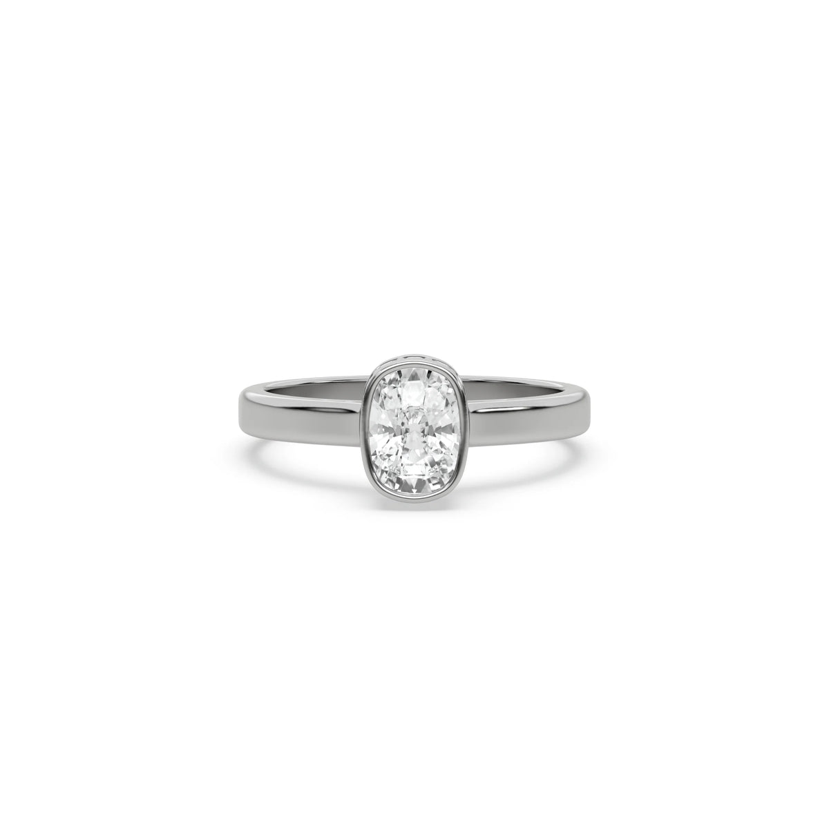 This white gold ring displayed on front view is made with cushion  solitaire diamond set in bezel setting