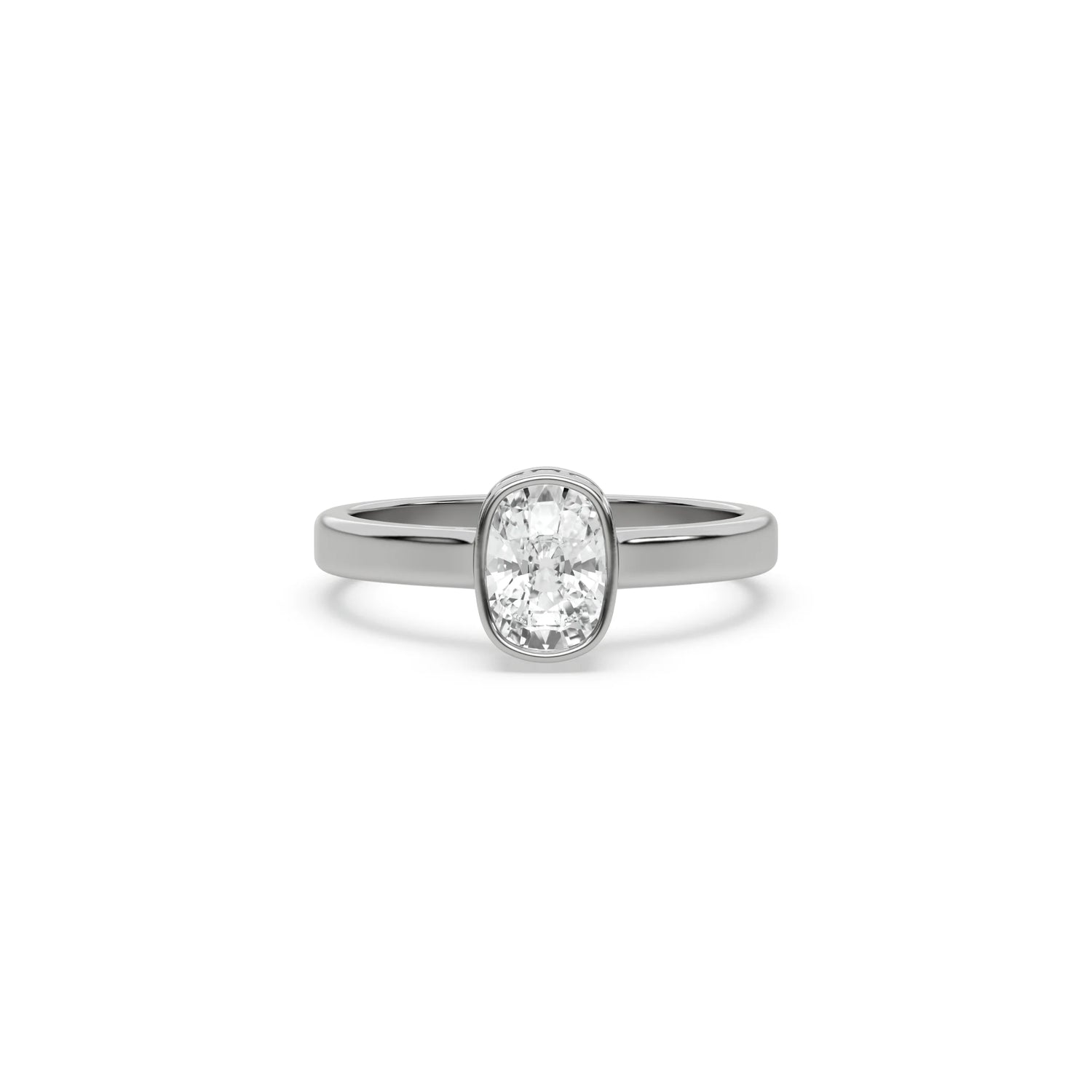 cushion cut diamond engagement ring with a modern white gold bezel setting on a plain band.