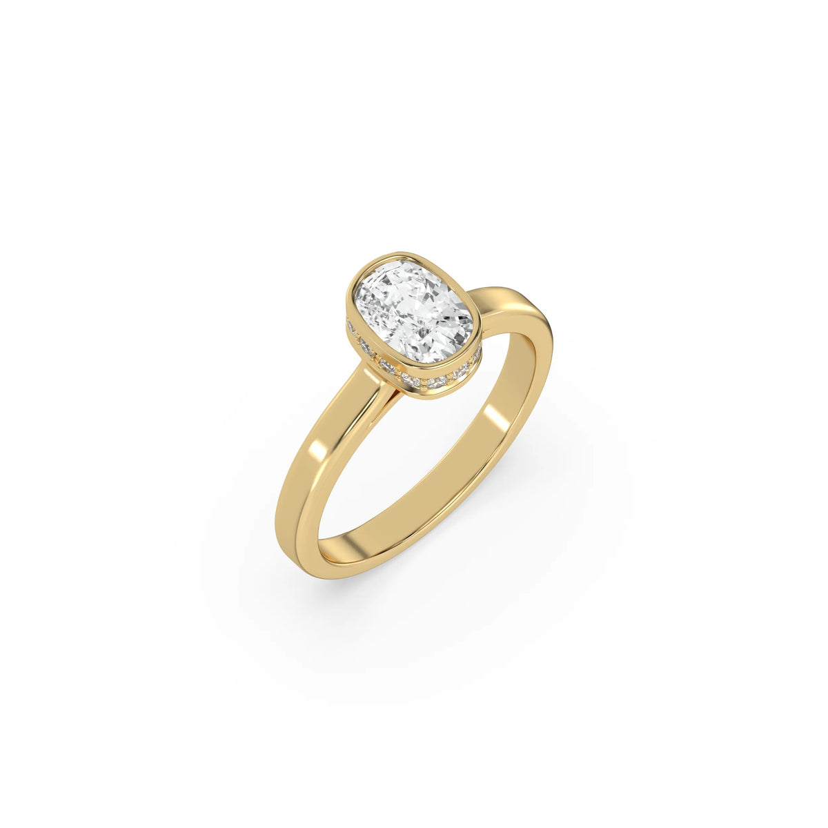 This yellow gold ring displayed on 3d view is made with cushion  solitaire diamond set in bezel setting