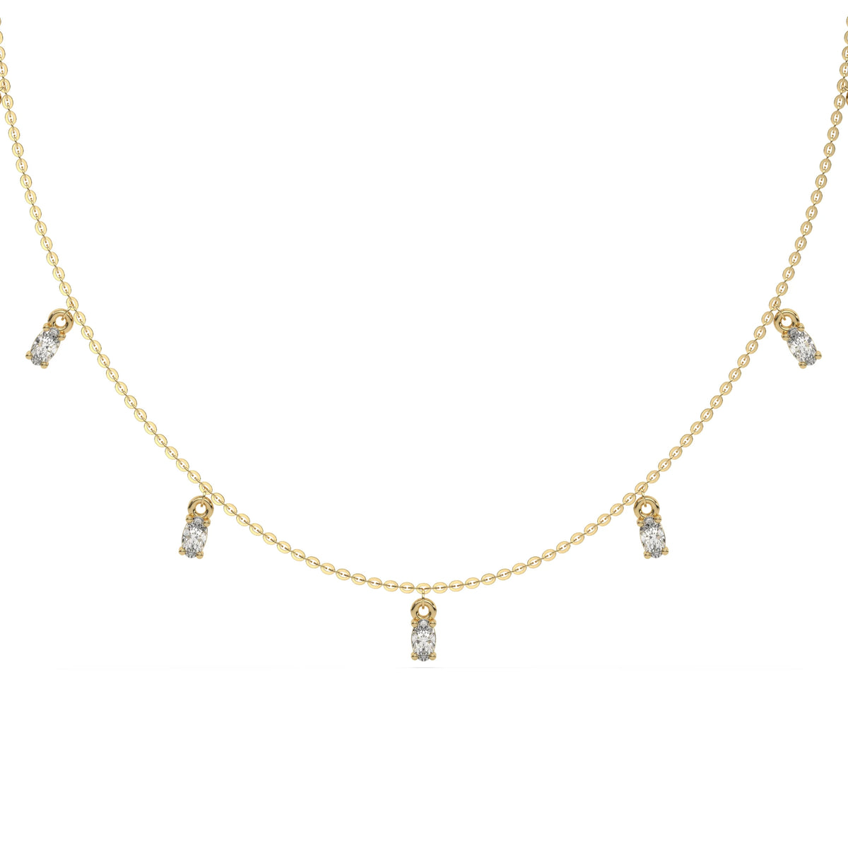 Oval Dangling Diamond Necklace made with nine oval cut diamonds each set in a prong setting, distributed evenly along the chain