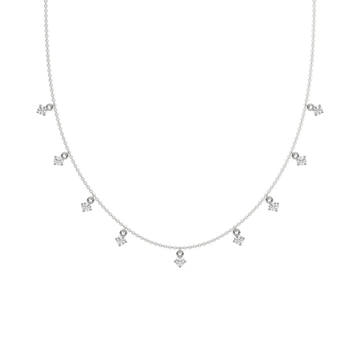 This white gold Round Dangling Diamond Necklace made with nine round brilliant-cut diamond set in a prong setting, distributed evenly along the chain in top view