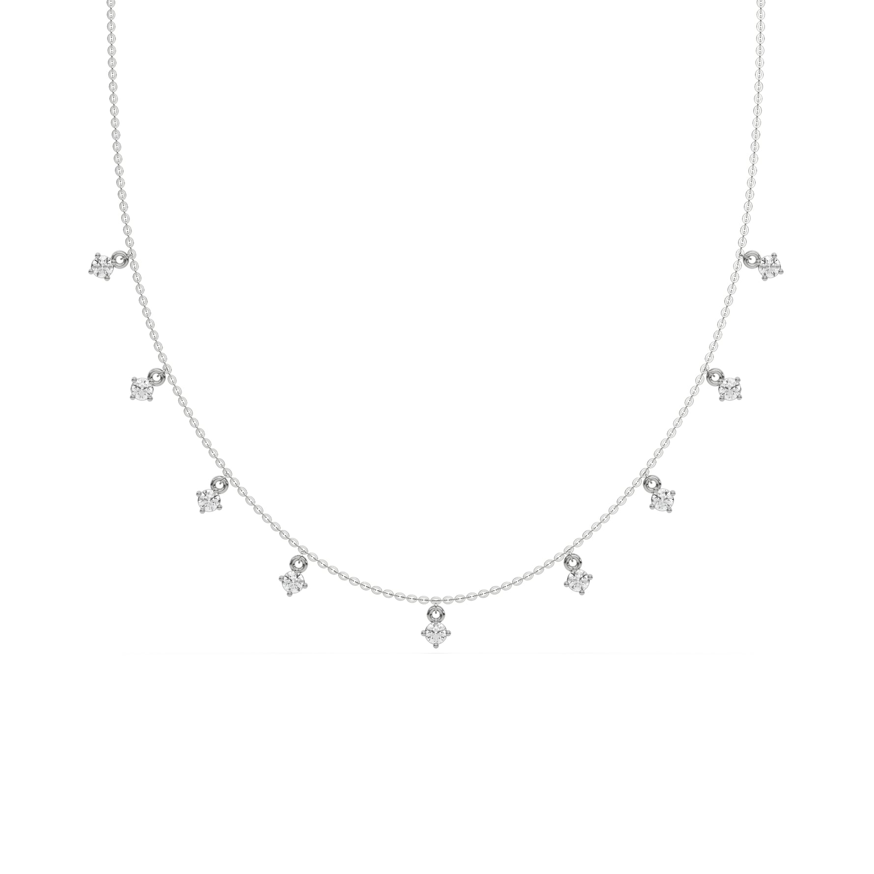 This white gold Round Dangling Diamond Necklace made with nine round brilliant-cut diamond set in a prong setting, distributed evenly along the chain in top view