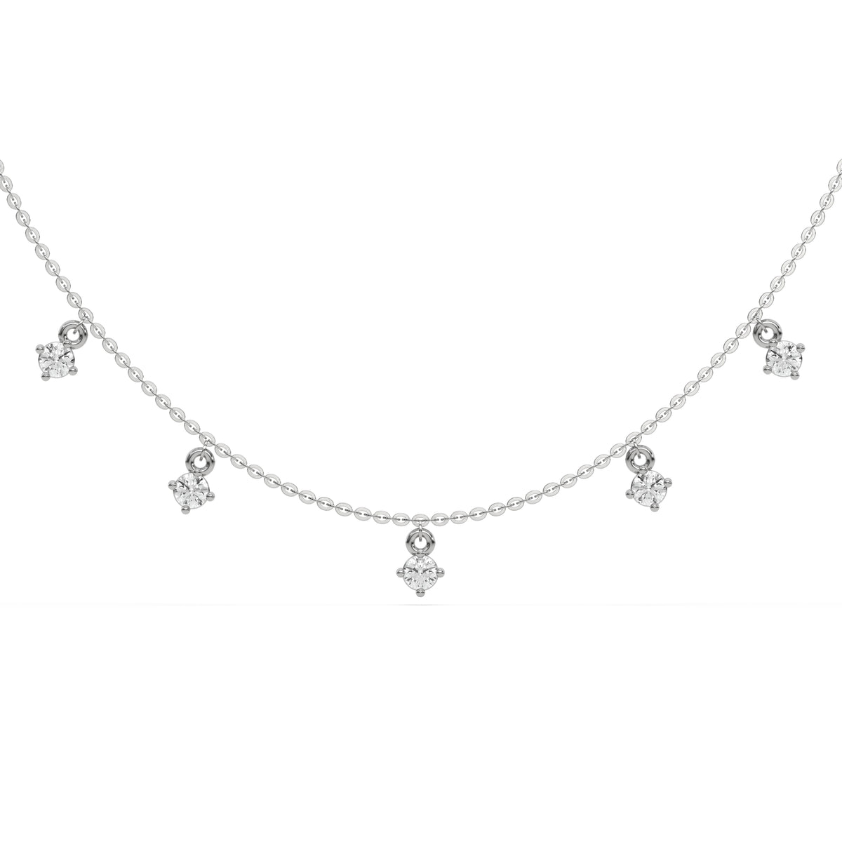 This white gold Round Dangling Diamond Necklace made with nine round brilliant-cut diamond set in a prong setting, distributed evenly along the chain in top view