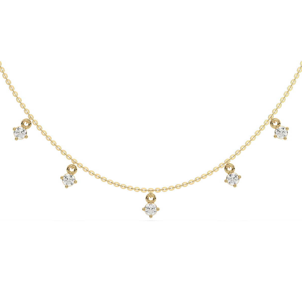 This yellow gold Round Dangling Diamond Necklace made with nine round brilliant-cut diamond set in a prong setting, distributed evenly along the chain in top view