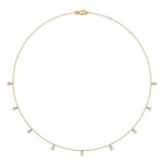 This yellow gold Round Dangling Diamond Necklace made with nine round brilliant-cut diamond set in a prong setting, distributed evenly along the chain in 3d view