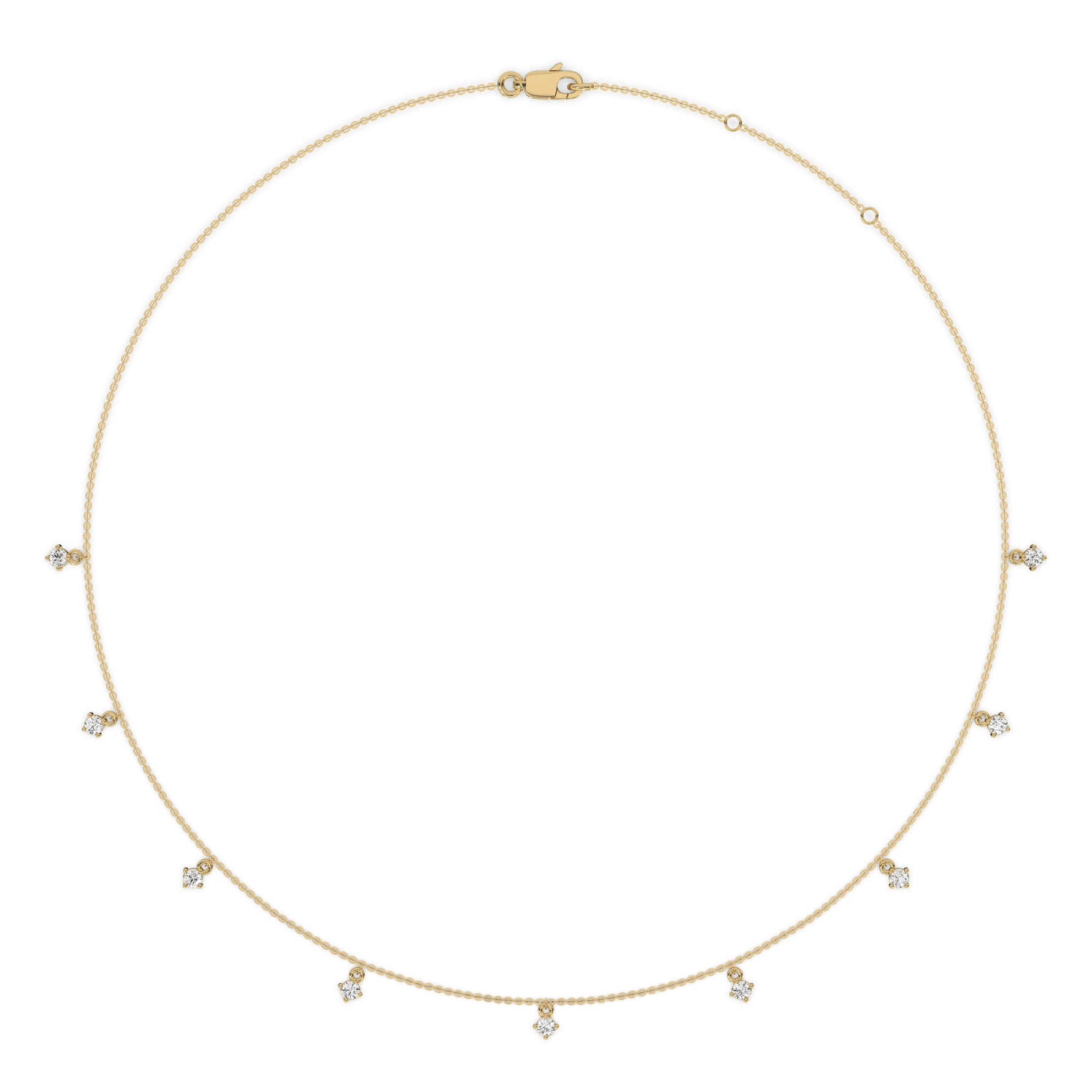 This yellow gold Round Dangling Diamond Necklace made with nine round brilliant-cut diamond set in a prong setting, distributed evenly along the chain in 3d view