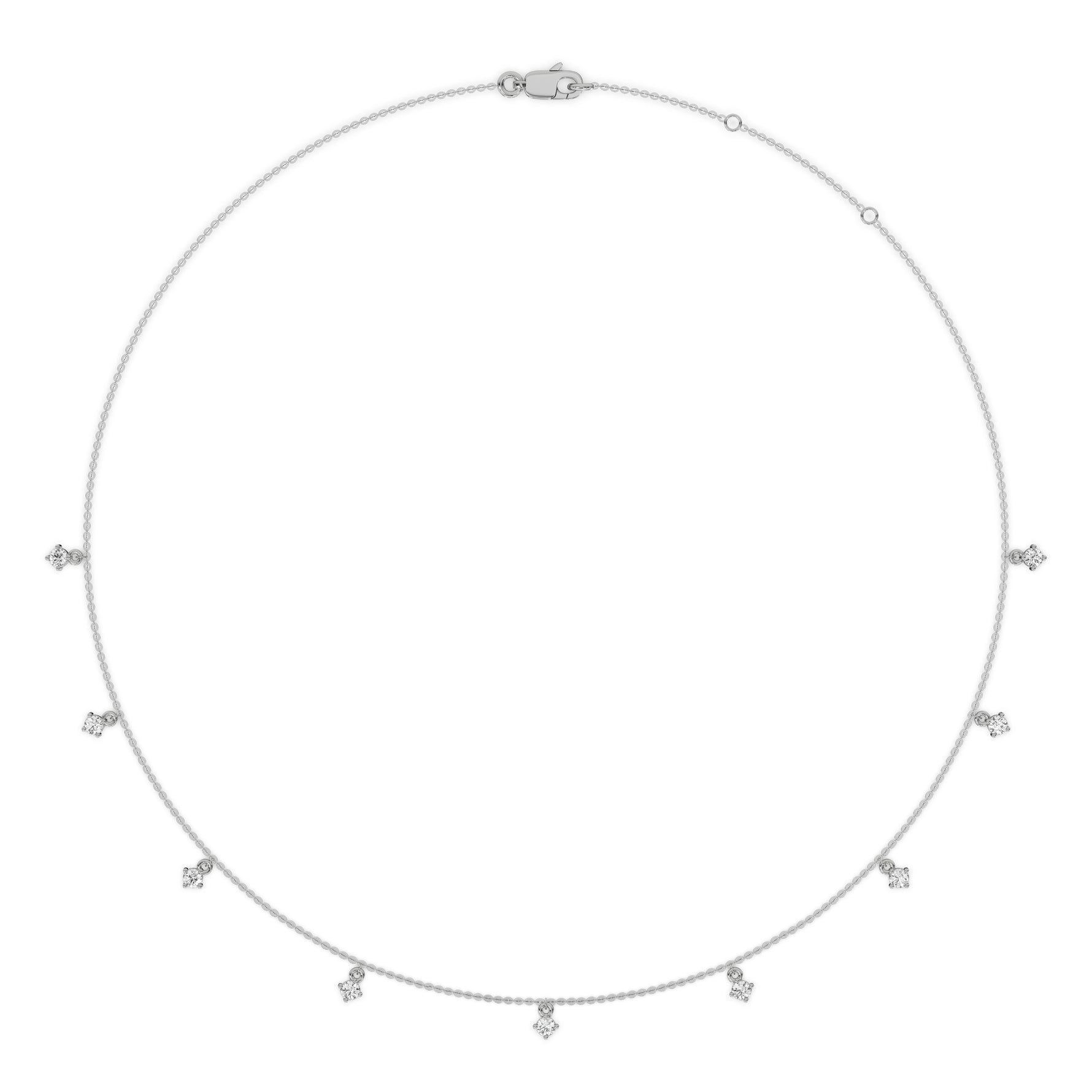 This white gold Round Dangling Diamond Necklace made with nine round brilliant-cut diamond set in a prong setting, distributed evenly along the chain in 3d view