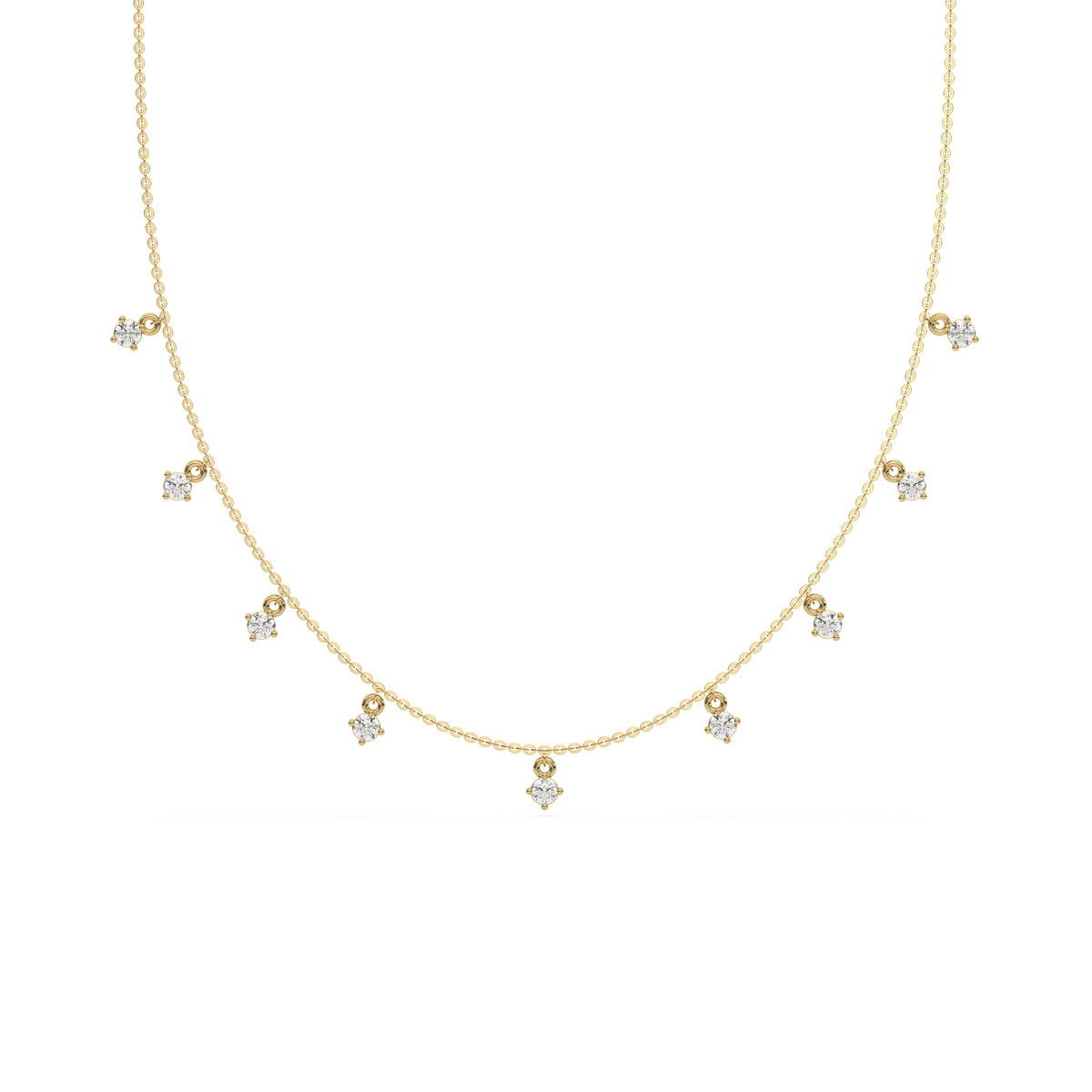 This yellow gold Round Dangling Diamond Necklace made with nine round brilliant-cut diamond set in a prong setting, distributed evenly along the chain in top view