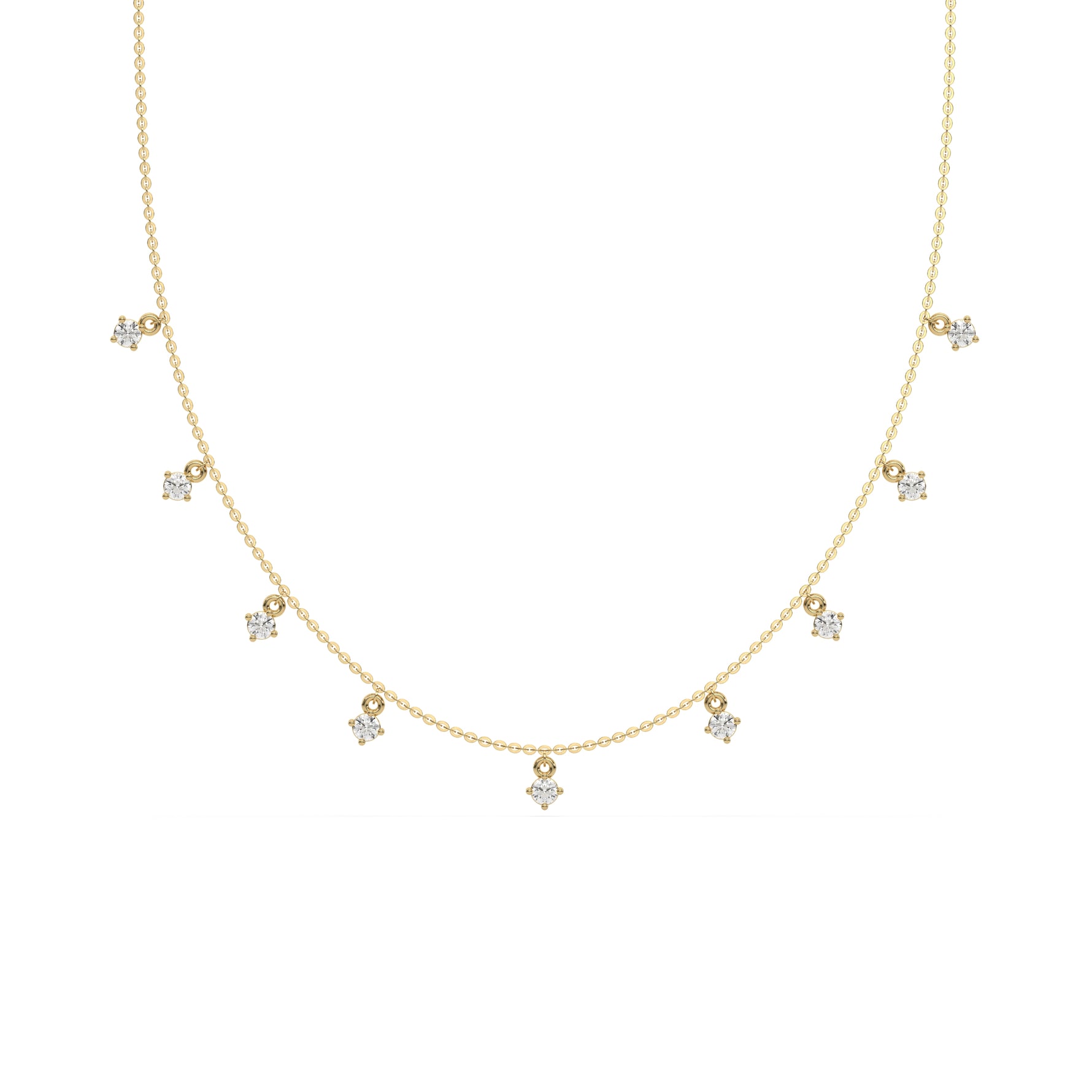 This yellow gold Round Dangling Diamond Necklace made with nine round brilliant-cut diamond set in a prong setting, distributed evenly along the chain in top view