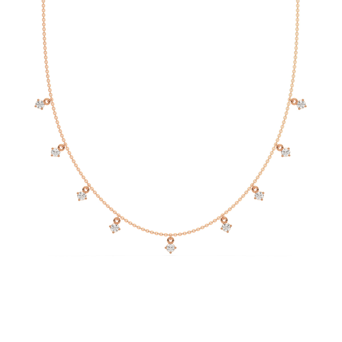 This rose gold Round Dangling Diamond Necklace made with nine round brilliant-cut diamond set in a prong setting, distributed evenly along the chain in top view