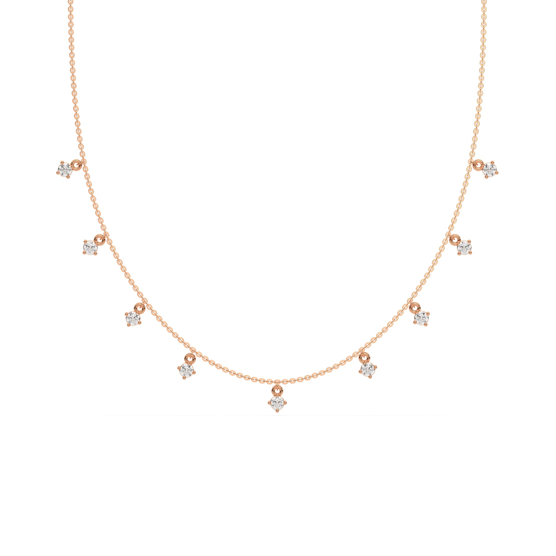 This rose gold Round Dangling Diamond Necklace made with nine round brilliant-cut diamond set in a prong setting, distributed evenly along the chain in top view