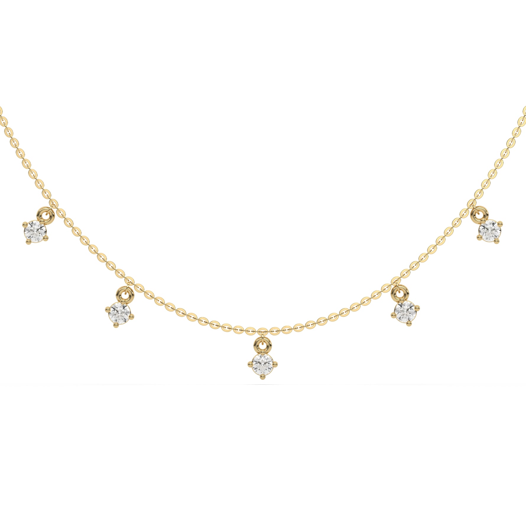 This yellow gold Round Dangling Diamond Necklace made with nine round brilliant-cut diamond set in a prong setting, distributed evenly along the chain in top view