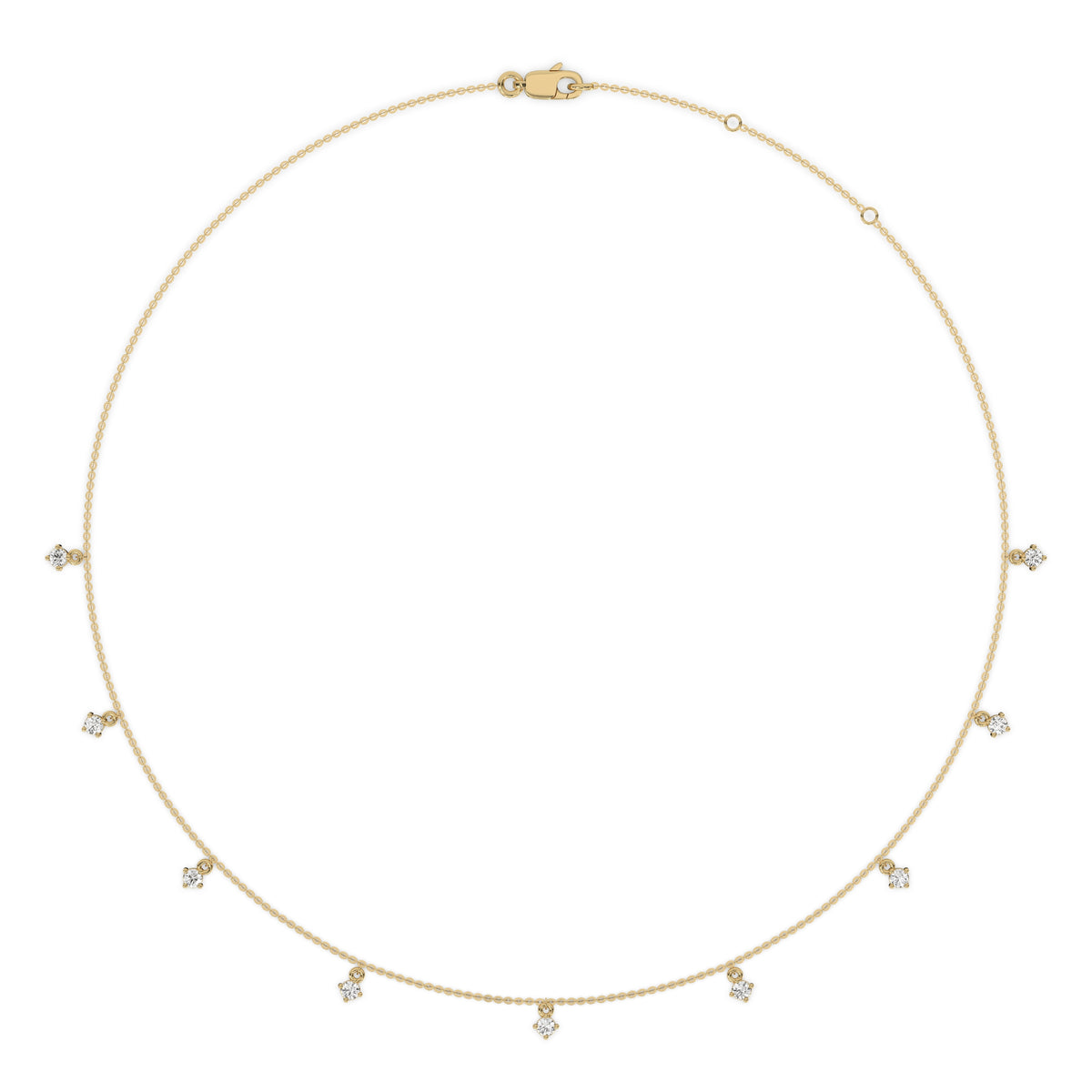 This yellow gold Round Dangling Diamond Necklace made with nine round brilliant-cut diamond set in a prong setting, distributed evenly along the chain in 3d view