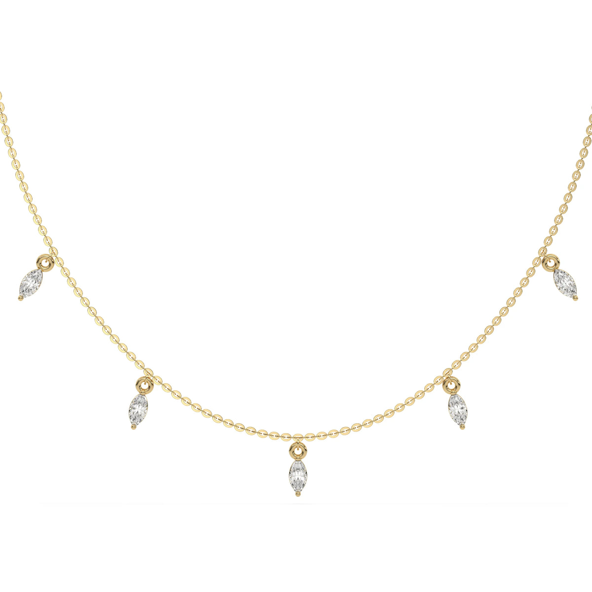 Marquise Dangling Diamond Necklace made with nine marquise cut diamonds each set in a prong setting, distributed evenly along the chain