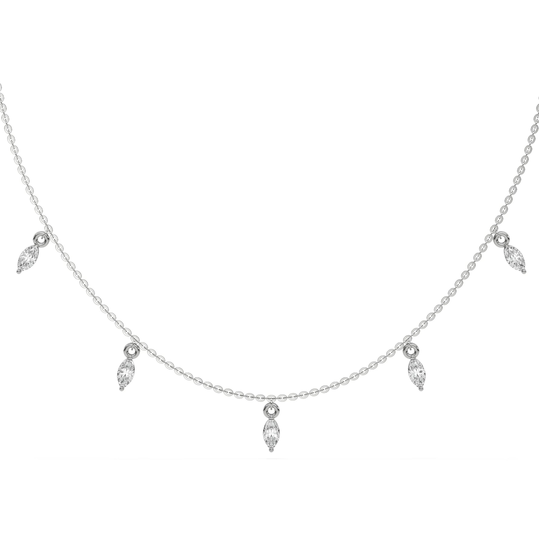 Marquise Dangling Diamond Necklace made with nine marquise cut diamonds each set in a prong setting, distributed evenly along the chain