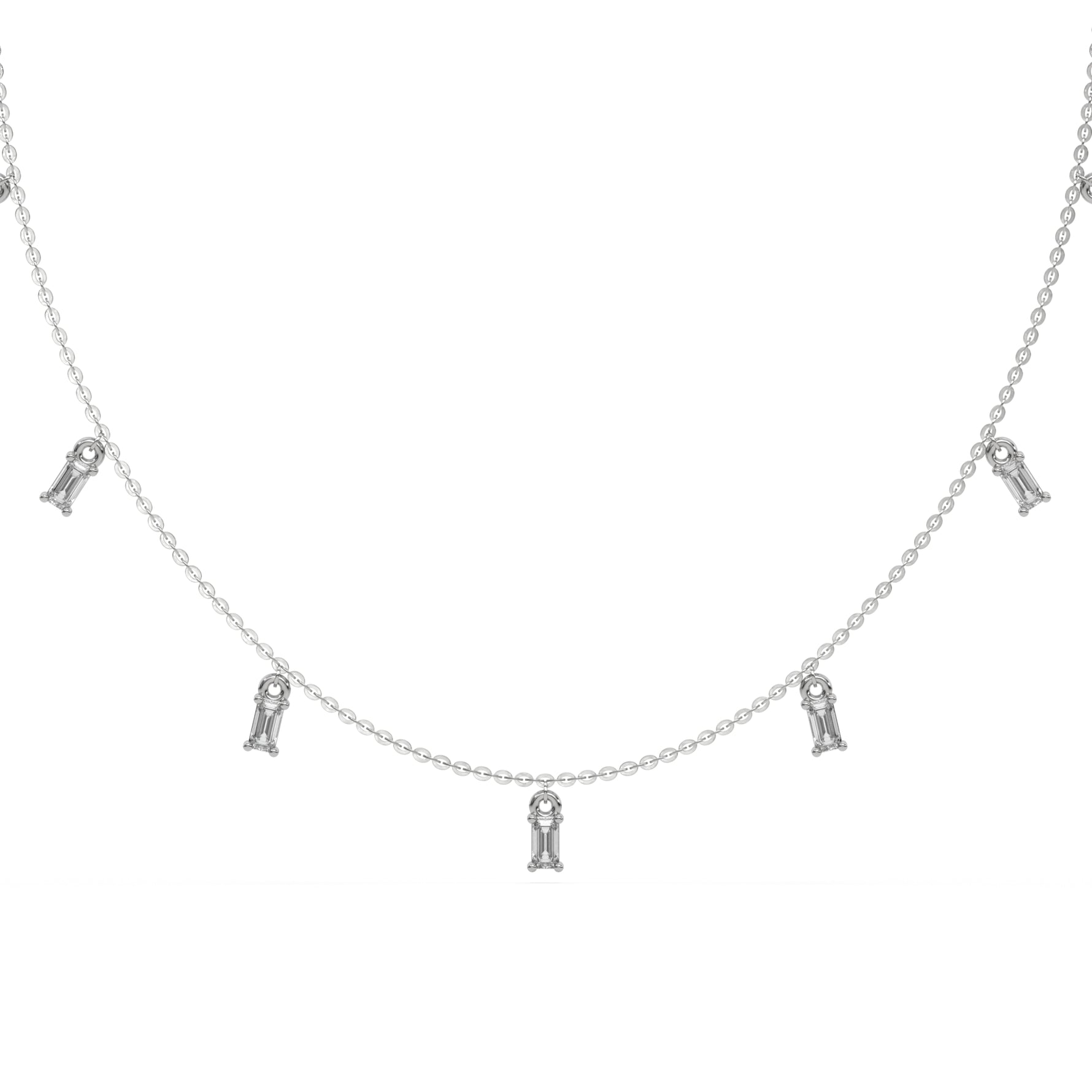 Emerald Dangling Diamond Necklace made with nine emerald cut diamonds each set in a prong setting, distributed evenly along the chain