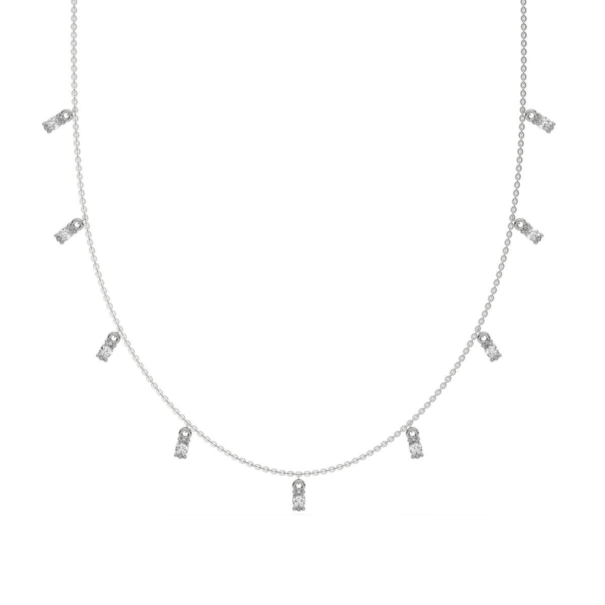 Oval Dangling Diamond Necklace made with nine oval cut diamonds each set in a prong setting, distributed evenly along the chain