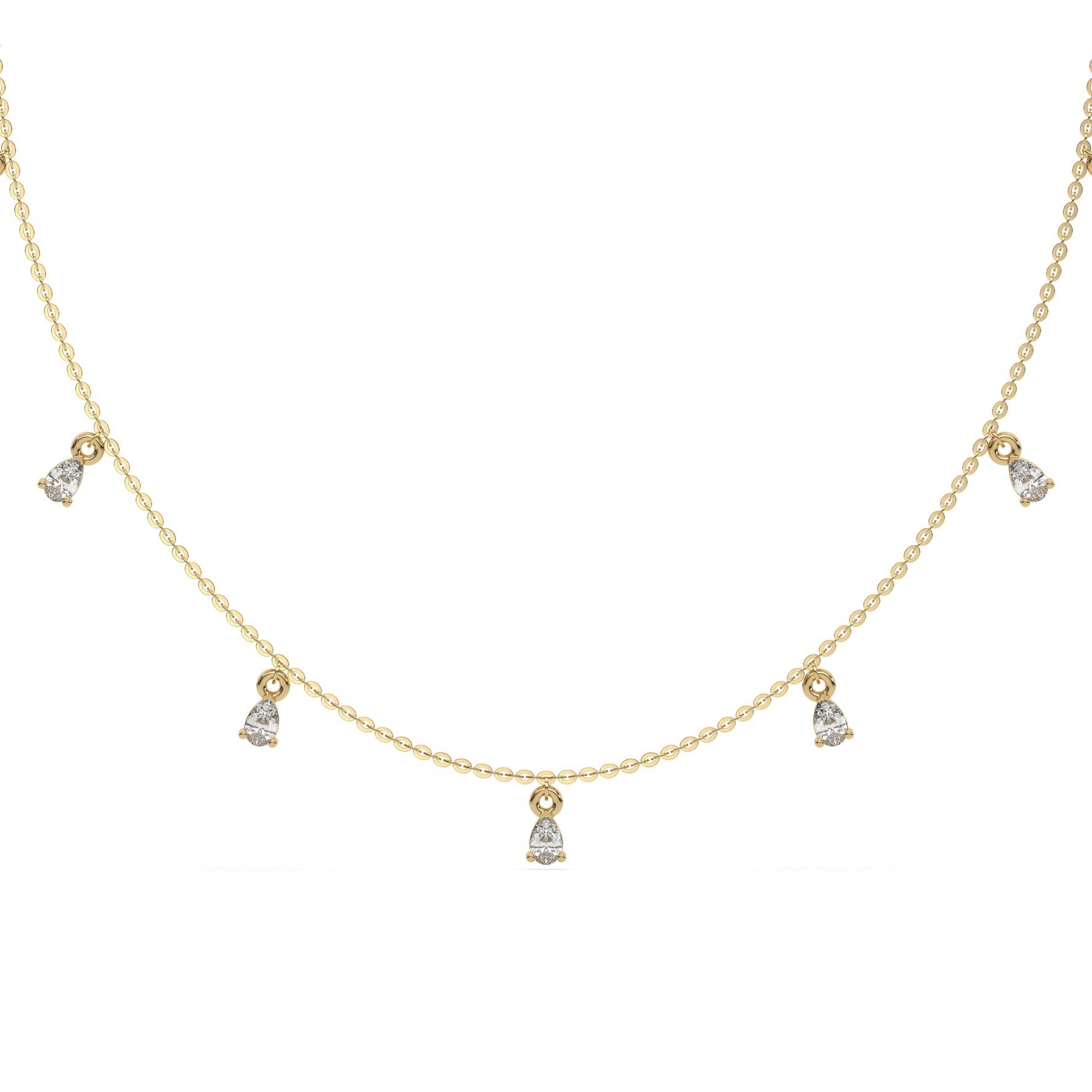 Pear Dangling Diamond Necklace made with nine pear cut diamonds each set in a prong setting, distributed evenly along the chain