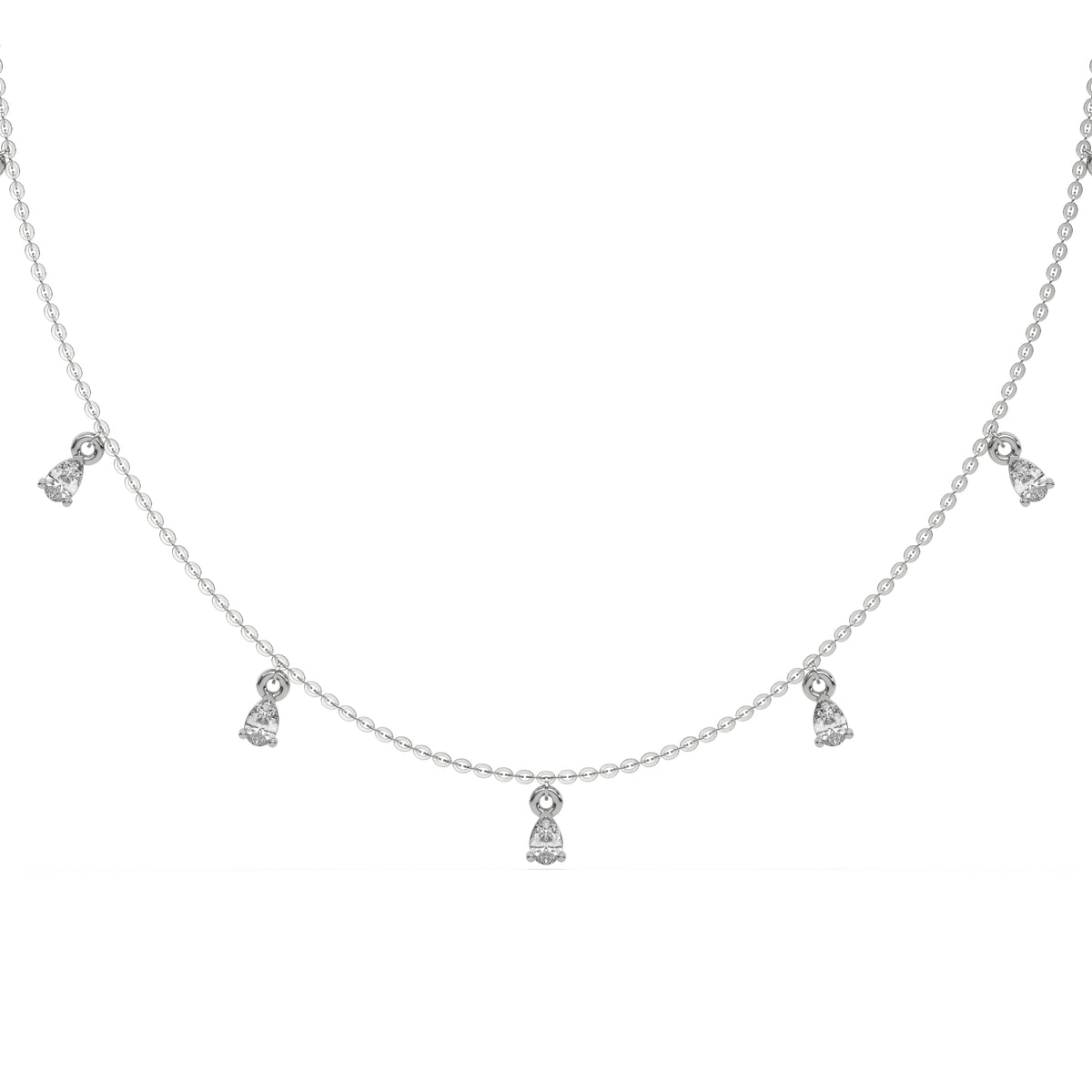 Pear Dangling Diamond Necklace made with nine pear cut diamonds each set in a prong setting, distributed evenly along the chain