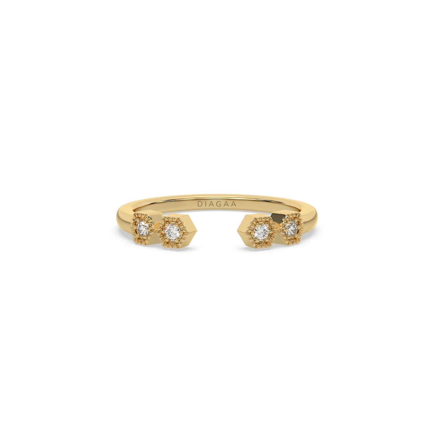 This yellow gold ring displayed on front view is made with round brilliant-cut diamonds with a gap in the middle. Each diamond is set in an hexagonal bezel with milgrain detailing on top 