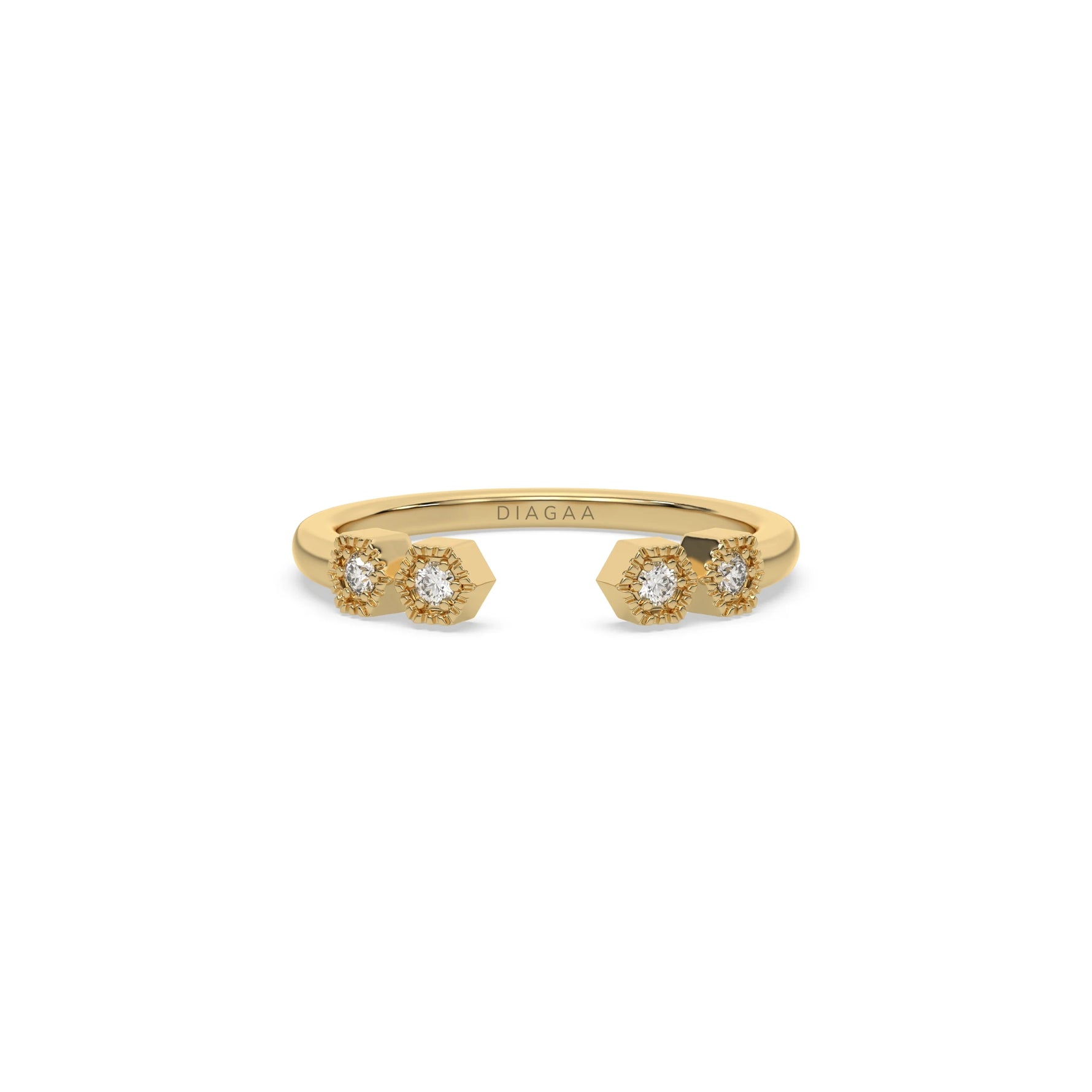 This yellow gold ring displayed on front view is made with round brilliant-cut diamonds with a gap in the middle. Each diamond is set in an hexagonal bezel with milgrain detailing on top 