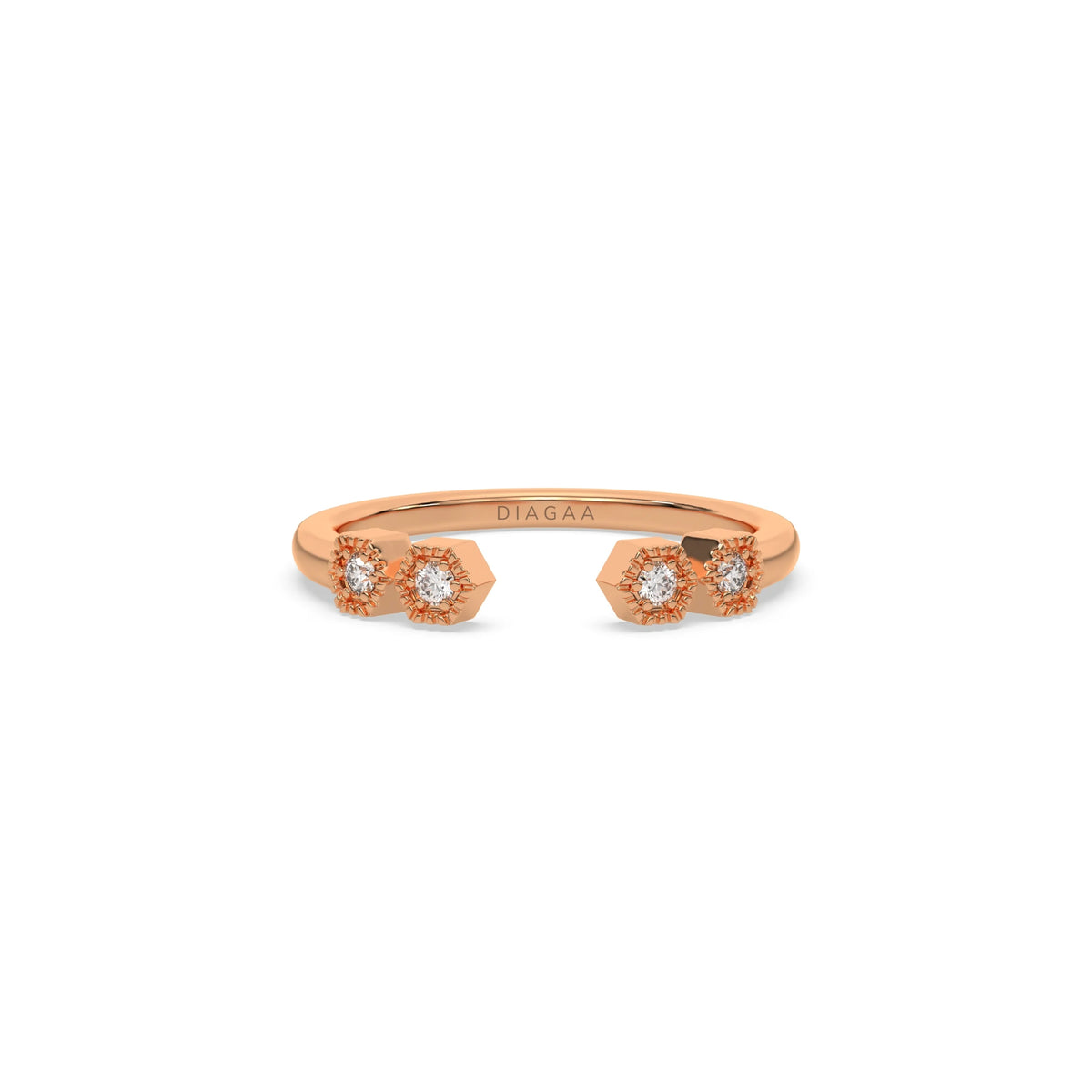 This rose gold ring displayed on front view is made with round brilliant-cut diamonds with a gap in the middle. Each diamond is set in an hexagonal bezel with milgrain detailing on top 