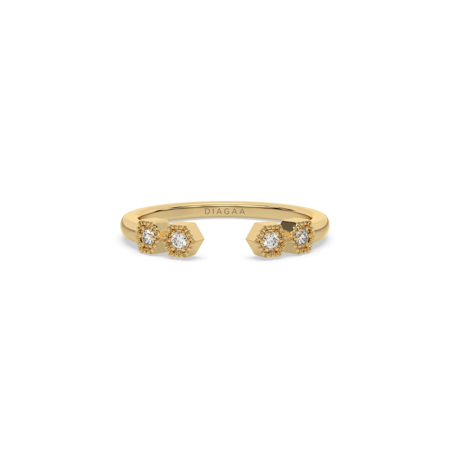 Yellow gold open cuff ring by featuring four round diamonds in geometric hexagonal settings. Modern minimalist gap band.