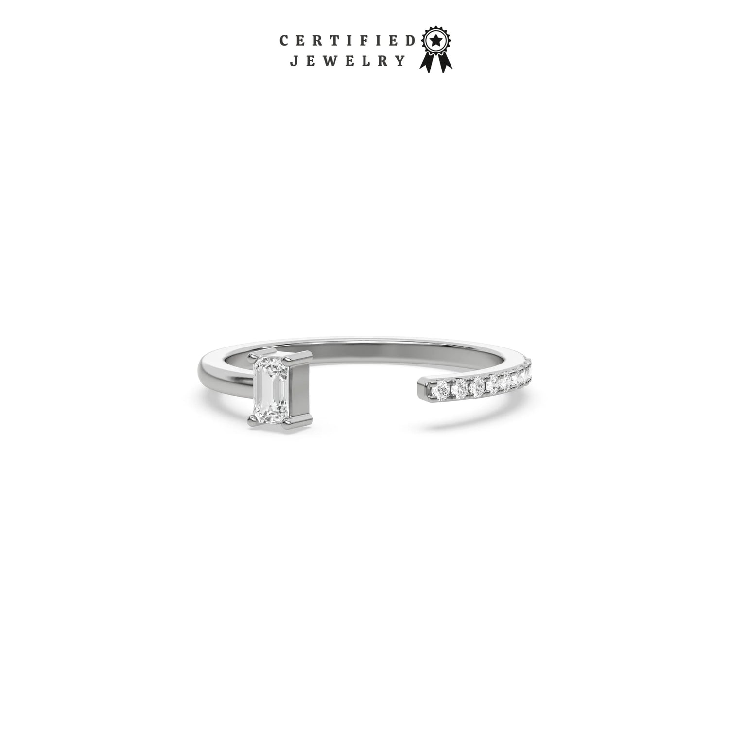 This white gold ring displayed on front view is made with emerald diamond and round diamond set in prong setting 