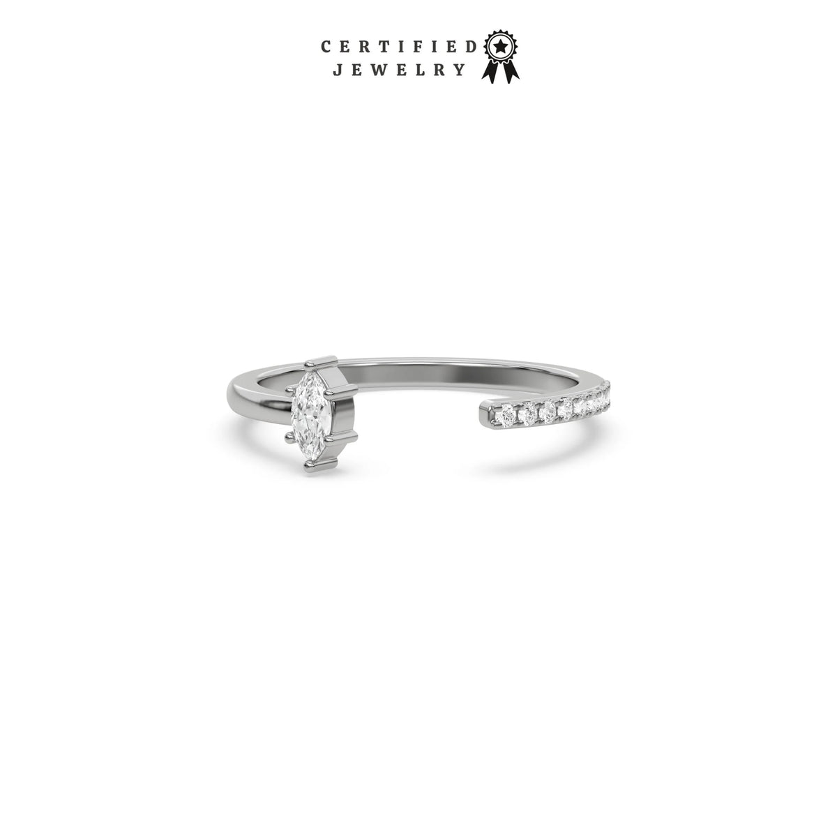 This white gold ring displayed on front view is made with marquise diamond and round diamond set in prong setting 