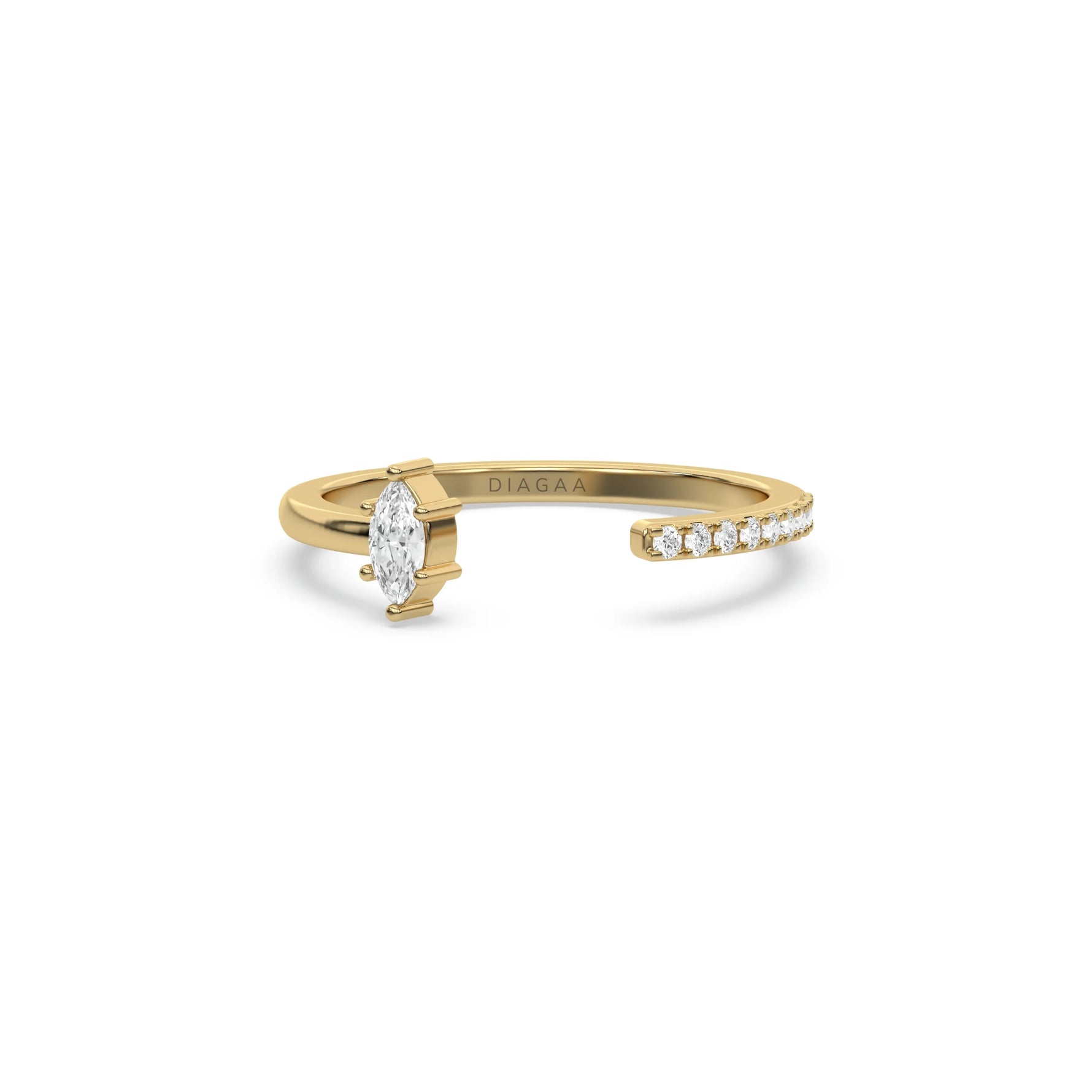 This yellow gold ring displayed on front view is made with marquise diamond and round diamond set in prong setting 