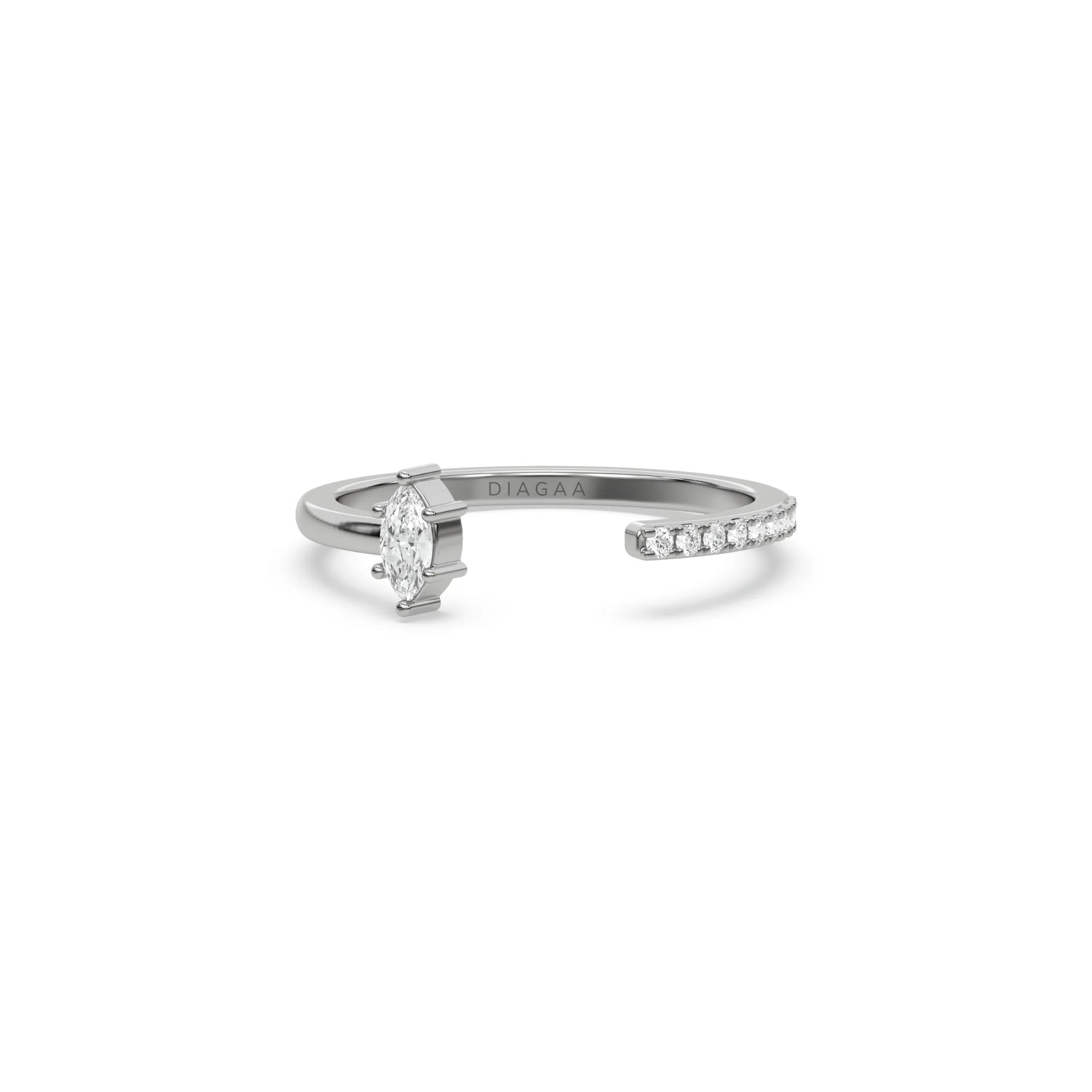 white gold open cuff ring with a marquise cut diamond and a sparkling micro pave round diamond wedding band.