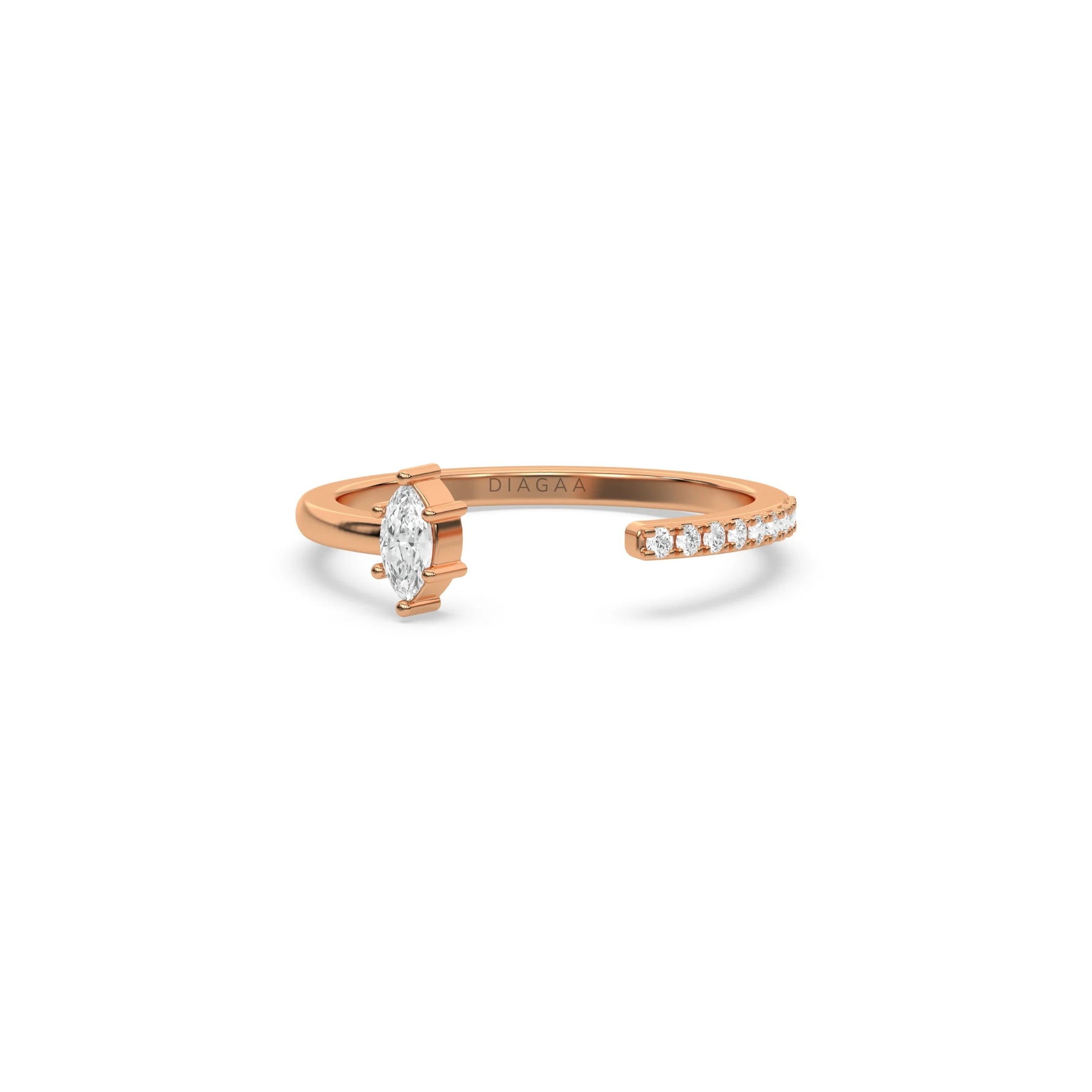 This rose gold ring displayed on front view is made with marquise diamond and round diamond set in prong setting 